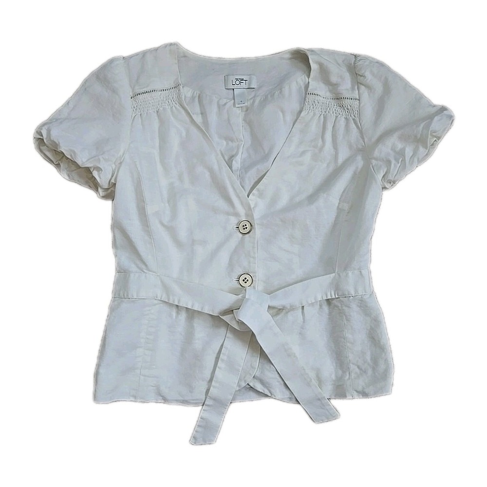Ann Taylor Loft Linen Top White Cream Belted Buttons Size 6